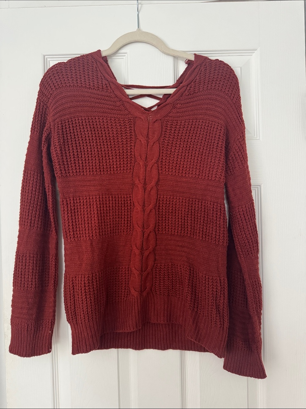 Cozy Cable Knit V-Neck Sweater - Deep Red